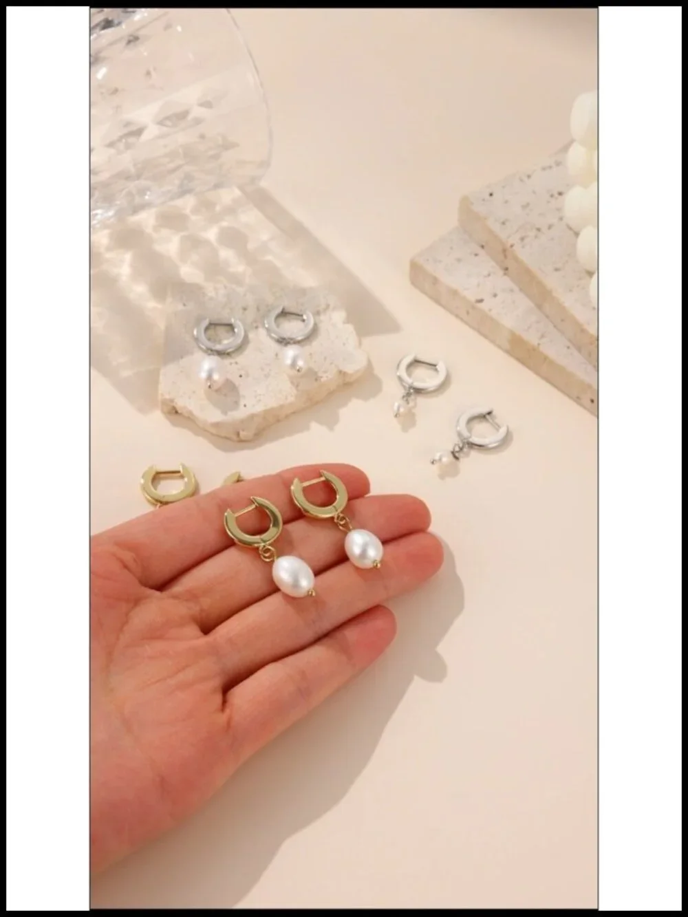 14K Gold Plated Huggie Hoop Earrings with Pearl Drop, Hypoallergenic Dangle